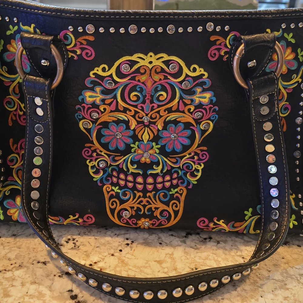 Black Tote with Colorful Embroidered Sugar Skull - Picture 1 of 4